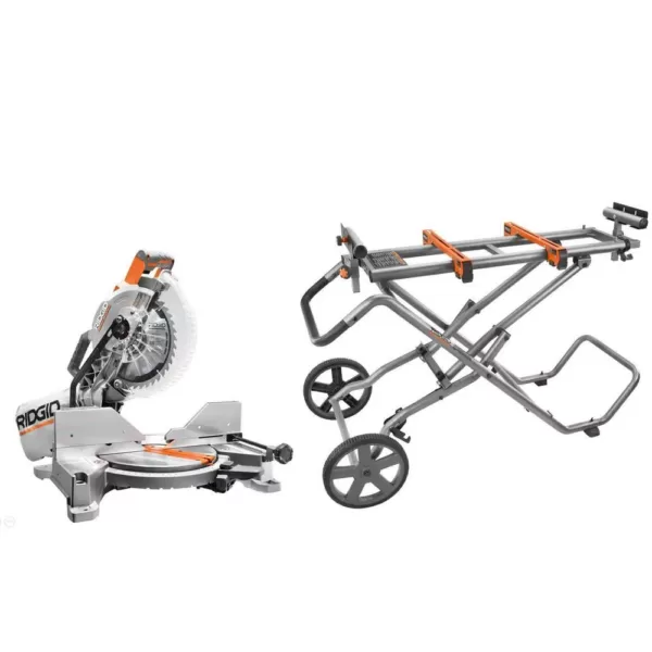 RIDGID 15 Amp 10 in. Dual Miter Saw with LED Cut Line Indicator with Universal Mobile Miter Saw Stand with Mounting Braces