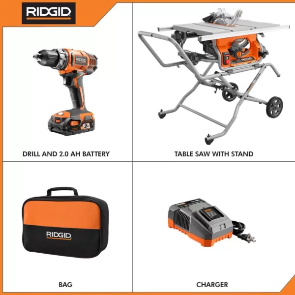 RIDGID 10 in. Pro Jobsite Table Saw with Stand and 18-Volt Cordless Drill/Driver Kit with (1) 2.0 Ah Battery, Charger, Tool Bag