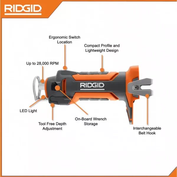 RIDGID 18V Brushless SubCompact 1/2 in. Drill/Driver Kit with 18V Drywall Cut-Out Tool, 2 Batteries, Charger, and Bag