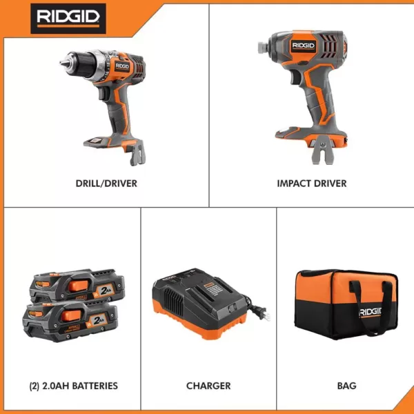 RIDGID 18-Volt Lithium-Ion Cordless Drill/Driver and Impact Driver 2-Tool Combo Kit with (2) 2.0 Ah Batteries, Charger, and Bag