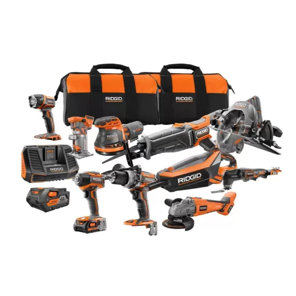 RIDGID 18-Volt Cordless 10-Piece Combo Kit with (1) 4.0 Ah Battery and (1) 2.0 Ah Battery, Charger, and Bag