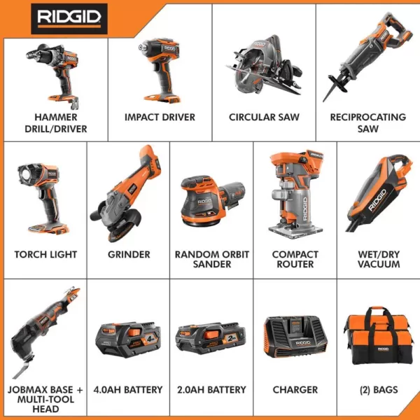 RIDGID 18-Volt Cordless 10-Piece Combo Kit with (1) 4.0 Ah Battery and (1) 2.0 Ah Battery, Charger, and Bag