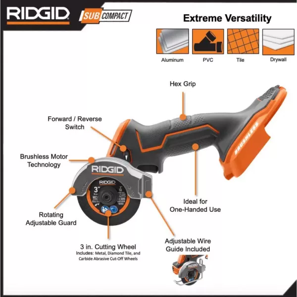 RIDGID 18V SubCompact Lithium-Ion Brushless 2-Tool Combo Kit with 3/8 in. Impact Wrench and 3 in. Multi-Material Saw