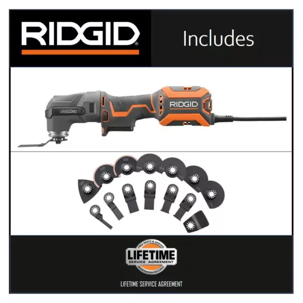 RIDGID 4 Amp Corded JobMax Multi-Tool with Tool-Free Head with JobMax Oscillating Multi-Tool Blade Accessory Kit (14-Piece)