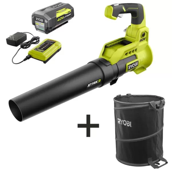 RYOBI 110 MPH 525 CFM 40-Volt Lithium-Ion Jet Fan Leaf Blower with Lawn and Leaf Bag - 4.0 Ah Battery and Charger Included