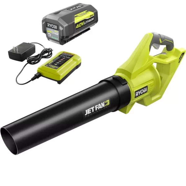 RYOBI Reconditioned 110 MPH 500 CFM 40-Volt Lithium-Ion Cordless Variable-Speed Jet Fan Leaf Blower, 4.0Ah Battery and Charger