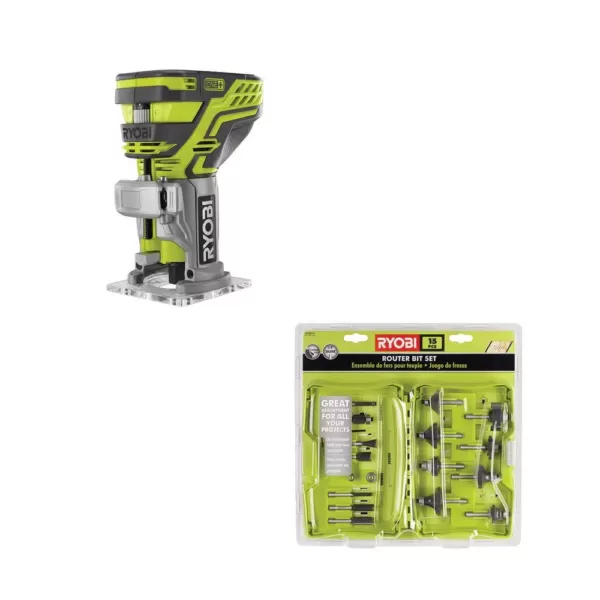 RYOBI 18-Volt ONE+ Cordless Fixed Base Trim Router with Shank Carbide Router Bit Set (15-Piece)