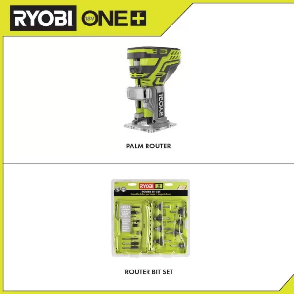 RYOBI 18-Volt ONE+ Cordless Fixed Base Trim Router with Shank Carbide Router Bit Set (15-Piece)