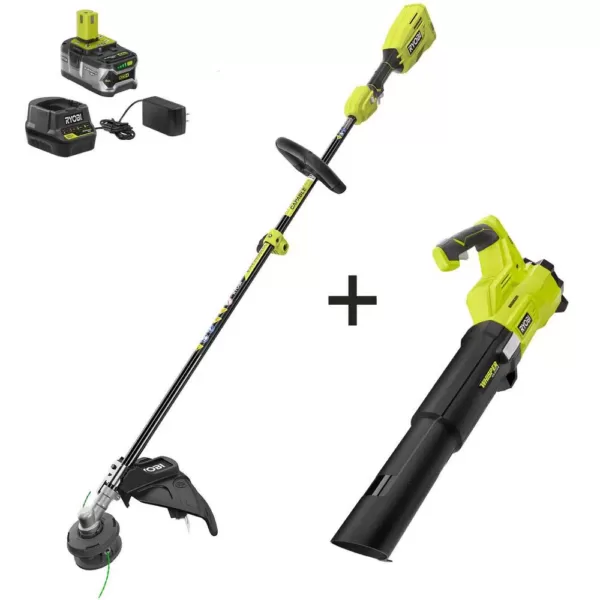 RYOBI ONE+ 18-Volt Cordless Attachment Capable Brushless String Trimmer and Leaf Blower, 4.0 Ah Battery and Charger Included