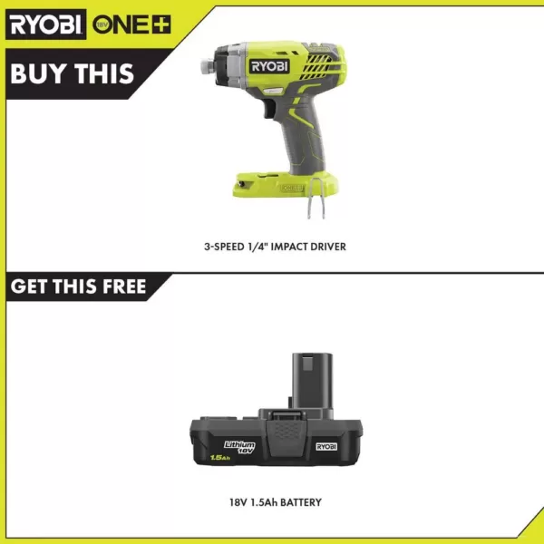 RYOBI 18-Volt ONE+ Cordless 3-Speed 1/4 in. Hex Impact Driver with 1.5 Ah Compact Lithium-Ion Battery