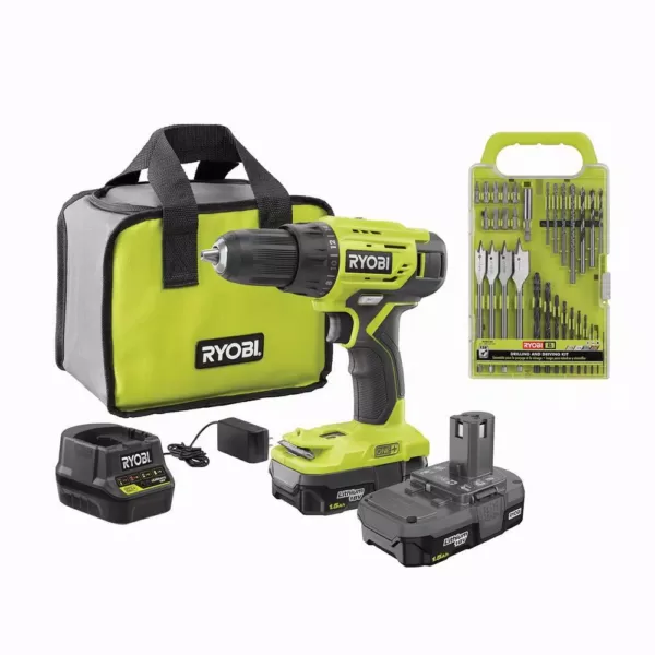 RYOBI ONE+ 18V Cordless 1/2 in. Drill Driver Kit with (2) 1.5 Ah Batteries, Charger, and Bag with 31-Piece Drill and Drive Kit