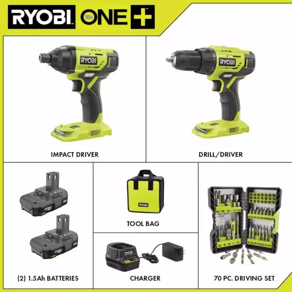 RYOBI 18-Volt ONE+ Cordless 2-Tool Combo Kit w/ (2) 1.5Ah Batteries, Charger & Bag w/ BONUS Impact Rated Driving Kit (70Piece)