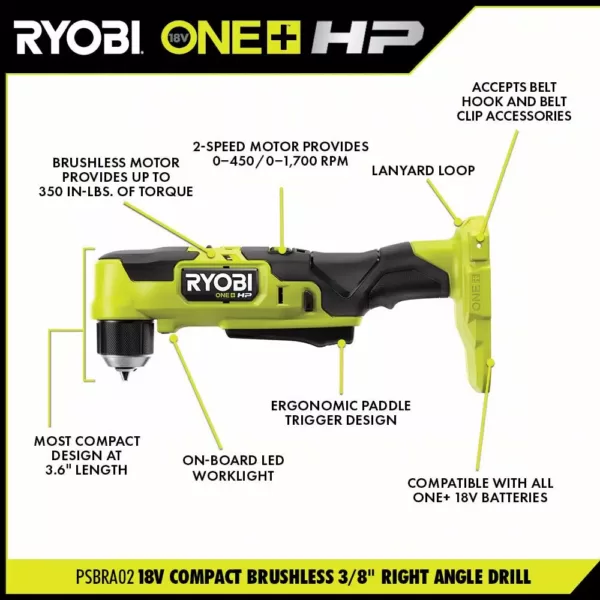 RYOBI ONE+ HP 18V Brushless Cordless Compact 3/8 in. Right Angle Drill and Compact One-Handed Reciprocating Saw (Tools Only)