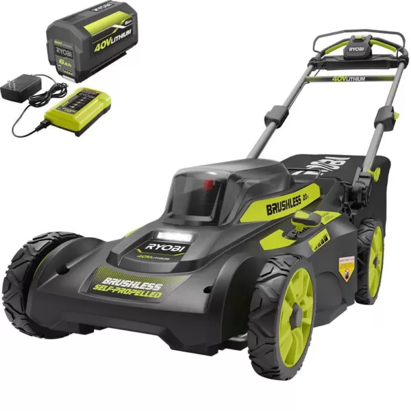 RYOBI 20 in. 40-Volt 6.0 Ah Lithium-Ion Battery Brushless Cordless Walk Behind Self-Propelled Lawn Mower with Charger Included