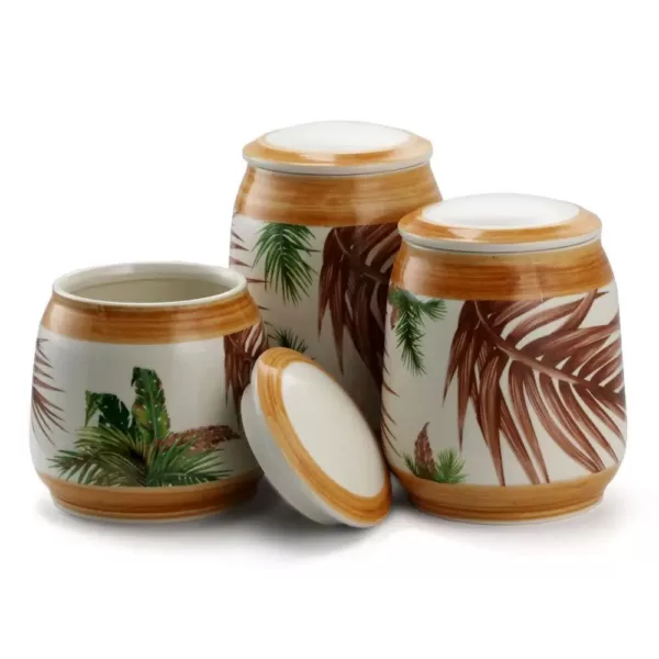 Elama Paradise Palms Sand 3-Piece Ceramic Canister Set with Ceramic Tops