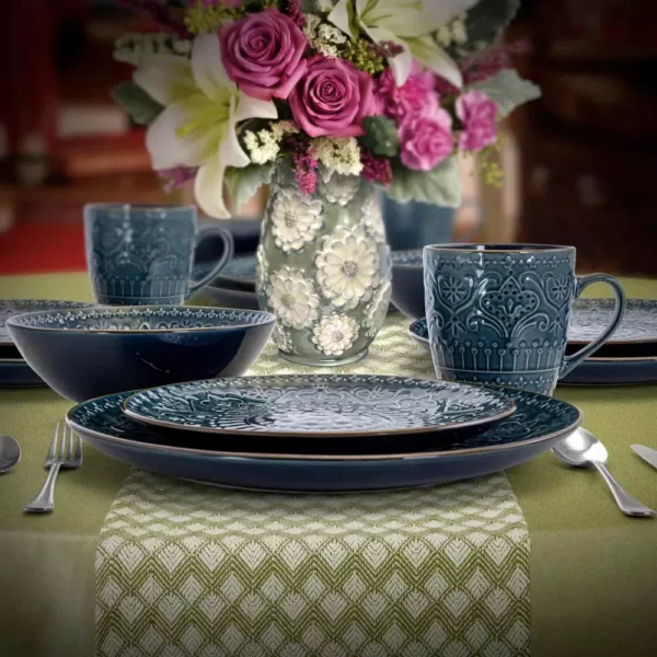 Elama Deepsea Mozaic 16-Piece Modern Sea Blue Stoneware Dinnerware Set (Service for 4)