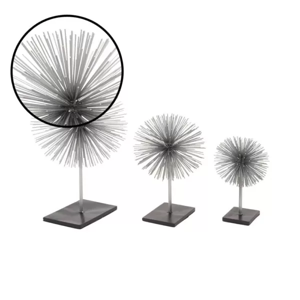 LITTON LANE Round Iron Metal Silver Starburst Sculptures with Stand (Set of 3)