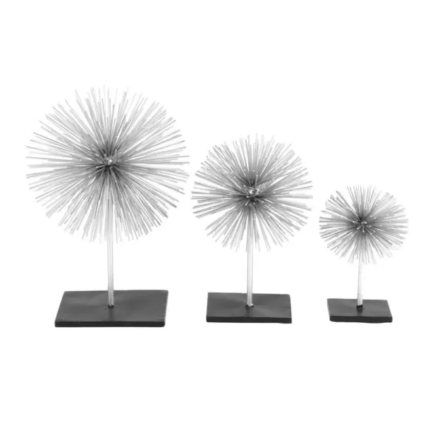 LITTON LANE Round Iron Metal Silver Starburst Sculptures with Stand (Set of 3)