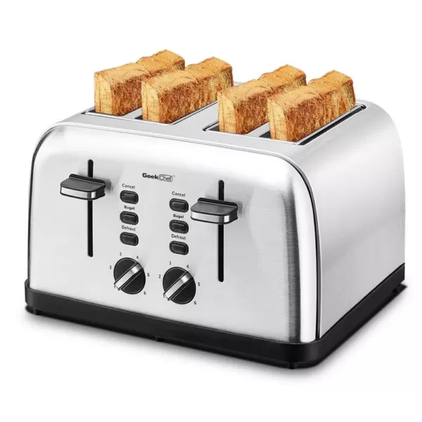 Boyel Living 1500 W 4-Slice Silver Wide Slot Toaster with Dual Control Panels