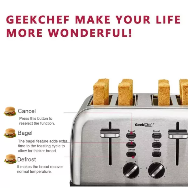 Boyel Living 1500 W 4-Slice Silver Wide Slot Toaster with Dual Control Panels