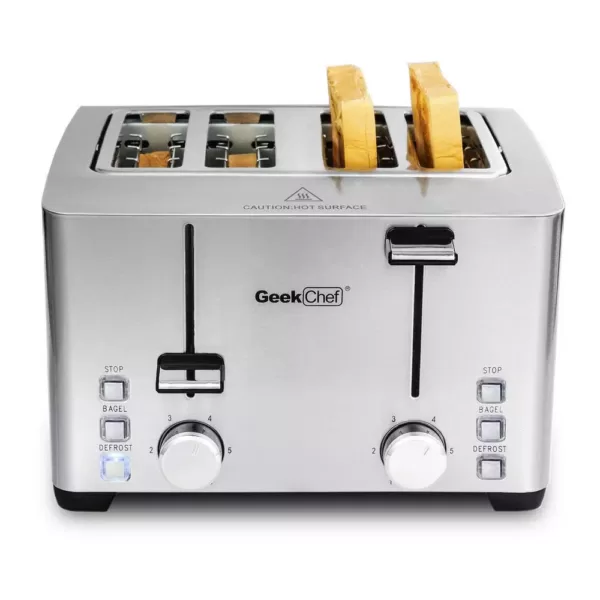 Boyel Living 1500 W 4-Slice Silver Wide Slot Toaster with 6 Bread Shade Settings and Removable Crumb Tray