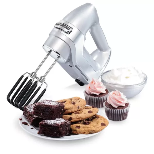 Hamilton Beach 7-Speed Electric Hand Mixer, Silver and Chrome, with SoftScrape Beaters, Whisk, Dough Hooks and Snap-On Storage Case