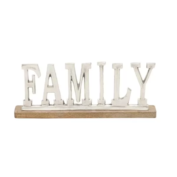 LITTON LANE 15 in. x 6 in. Silver Aluminum "FAMILY" Standing Sign on Oak Brown Wooden Base