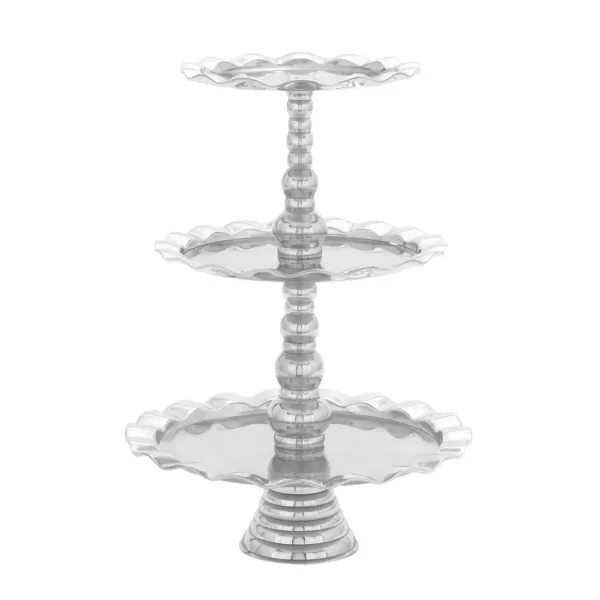 LITTON LANE 24 in. Polished Silver Aluminum 3-Tiered Round Wavy-Ribbon-Rimmed Tray Stand