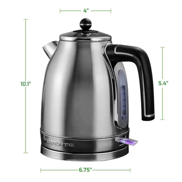 Ovente 7.2-Cup Silver Stainless Steel Electric Kettle with Removable Filter, Boil Dry Protection and Auto Shut Off Features