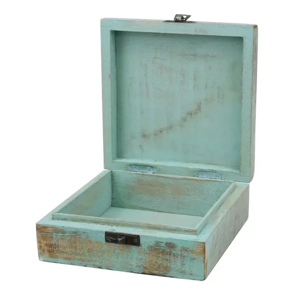 Stonebriar Collection 6 in. x 2.5 in. Weathered Sky Blue Wooden Box with Hinges and Carved Floral Design