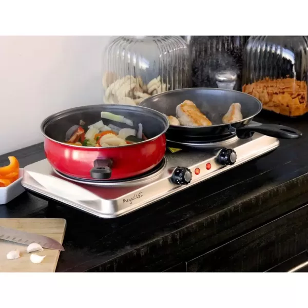 MegaChef Portable 2-Burner 7.5 in. Sleek Steel Hot Plate with Temperature Control