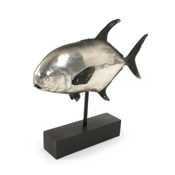 Zentique Resin Metallic Silver and Black Pompano on Black Stand