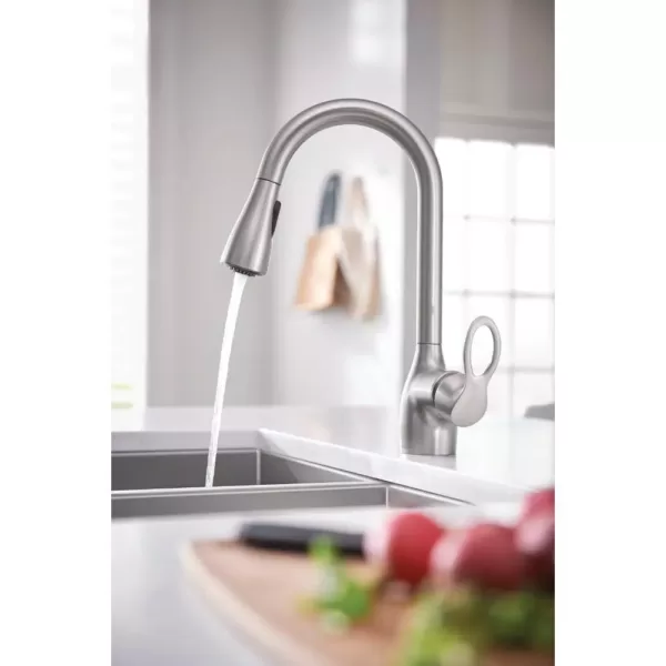 MOEN Kleo Single-Handle Pull-Down Sprayer Kitchen Faucet Power Clean in Spot Resist Stainless with Soap Dispenser