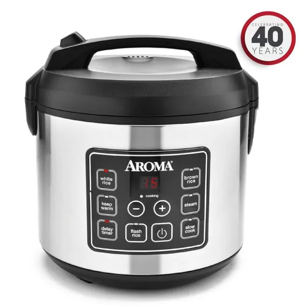 AROMA 20-Cup Silver Rice Cooker with Food Steamer and Slow Cooker Functions