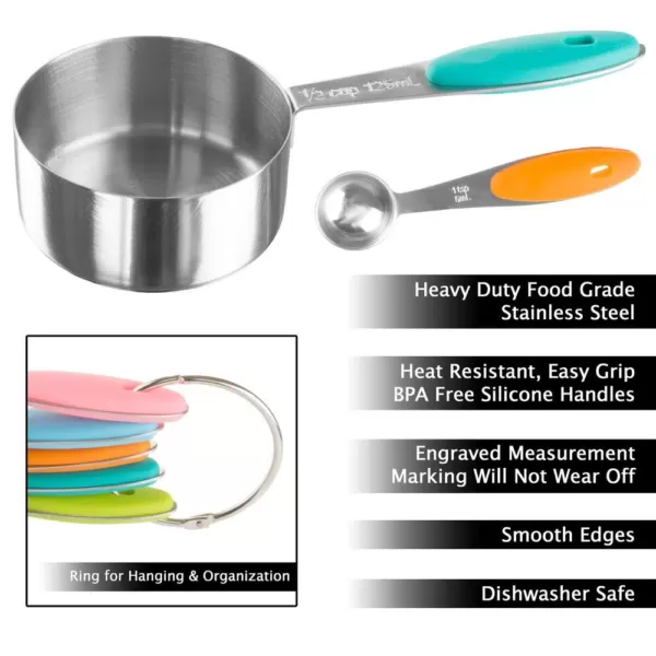 Classic Cuisine 10-Piece Stainless Steel with Silicone Measuring Cups and Spoons Set