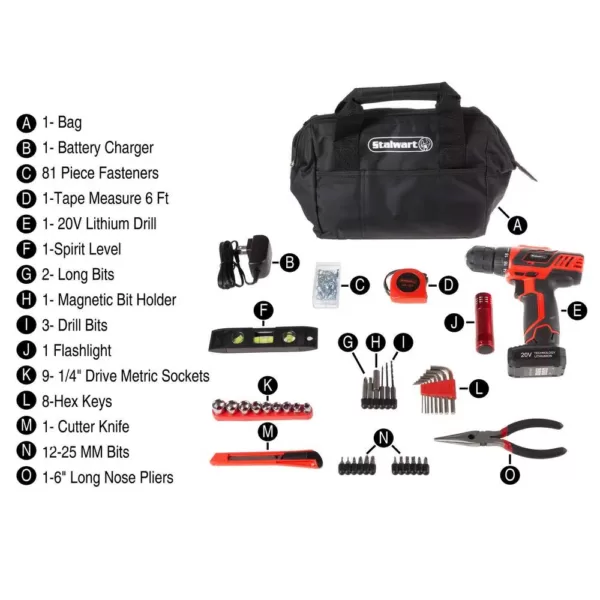 Stalwart 20-Volt Lithium-Ion Cordless 3/8 in. Power Drill (122-Piece)