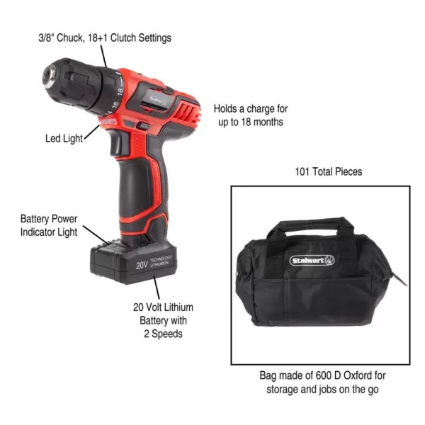 Stalwart 20-Volt Lithium-Ion Cordless 3/8 in. Power Drill (122-Piece)