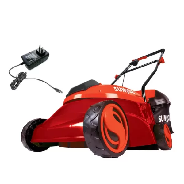 Sun Joe 14 in. 28-Volt Cordless Walk-Behind Push Mower Kit with 5.0 Ah Battery + Charger, Red