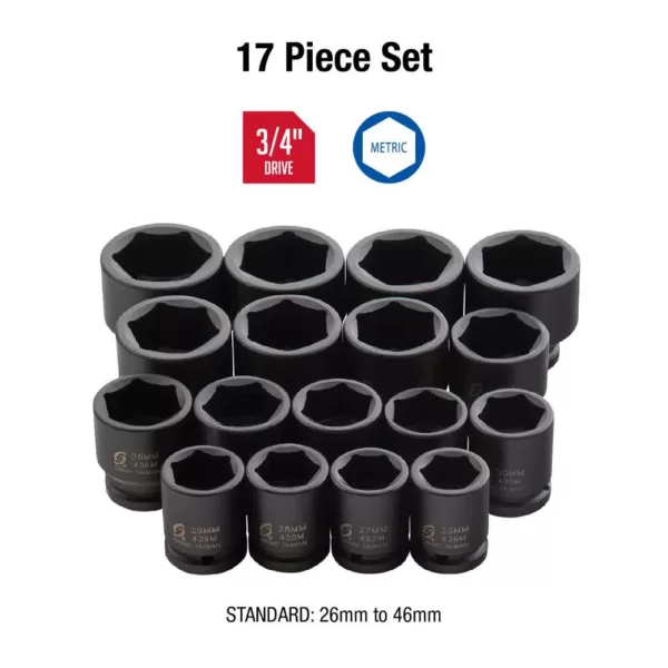 SUNEX TOOLS 3/4 in. Drive Heavy Duty Metric Impact Socket Set (17-Piece)