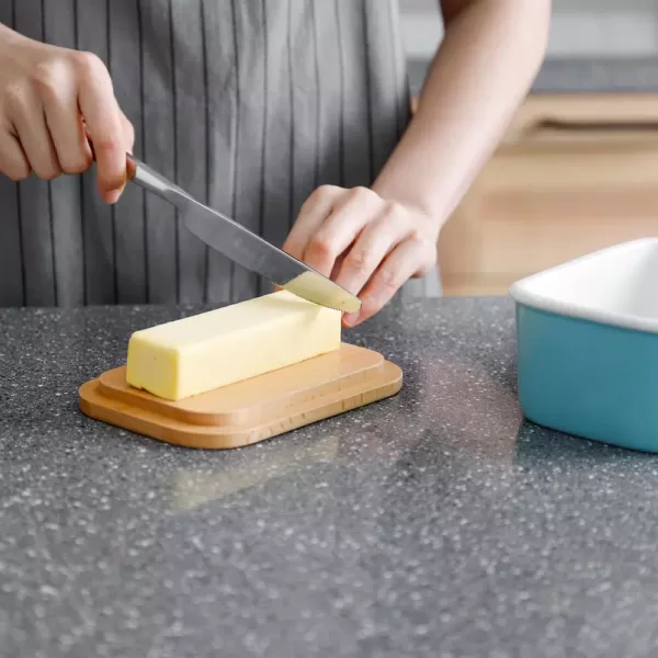 Sweese Large Butter Dish with Beech Wooden Lid - Turquoise, Set of 1