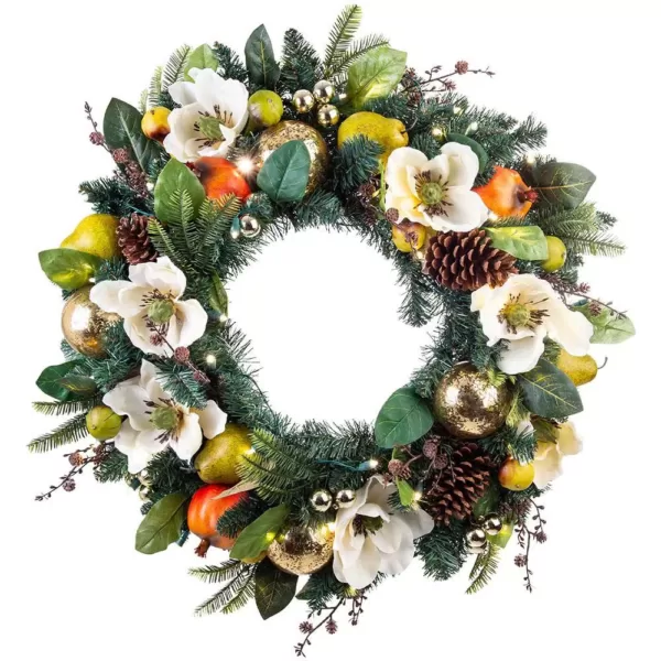 Village Lighting Company 30 in. Pre-Lit LED Magnolia Orchard Wreath