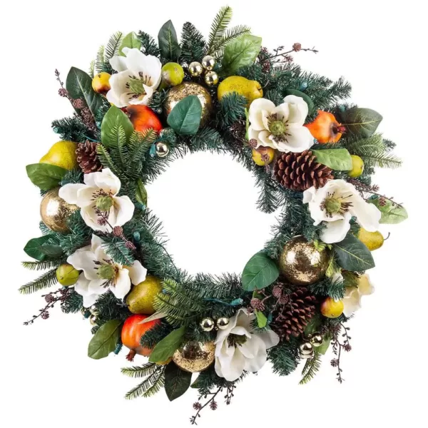 Village Lighting Company 30 in. Pre-Lit LED Magnolia Orchard Wreath