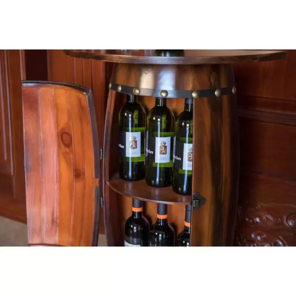 Vintiquewise Rustic Lockable Barrel Shaped Wine Bar Cabinet Wooden End Table