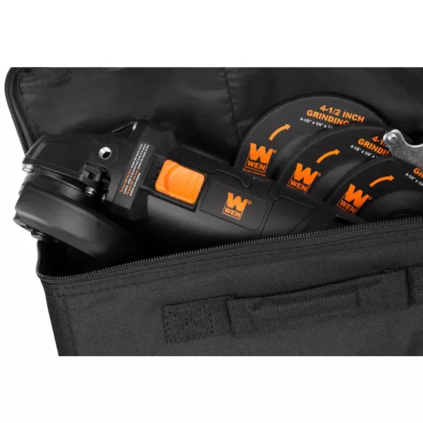 WEN 7.5 Amp Corded 4-1/2 in. Angle Grinder with Reversible Handle, 3 Grinding Discs and Carrying Case