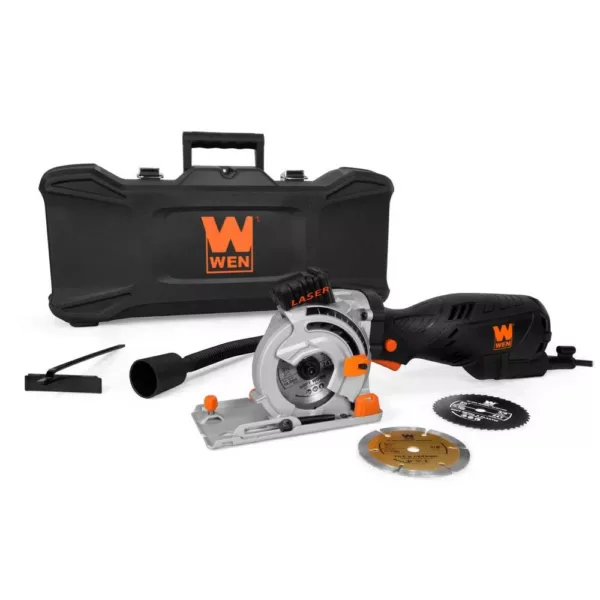 WEN 5 Amp 3-1/2 in. Plunge Cut Compact Circular Saw with Laser, Carrying Case and 3-Blades