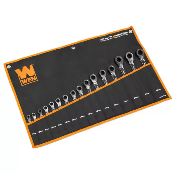 WEN Professional-Grade Reversible Ratcheting Metric Combination Wrench Set with Storage Pouch (16-Piece)