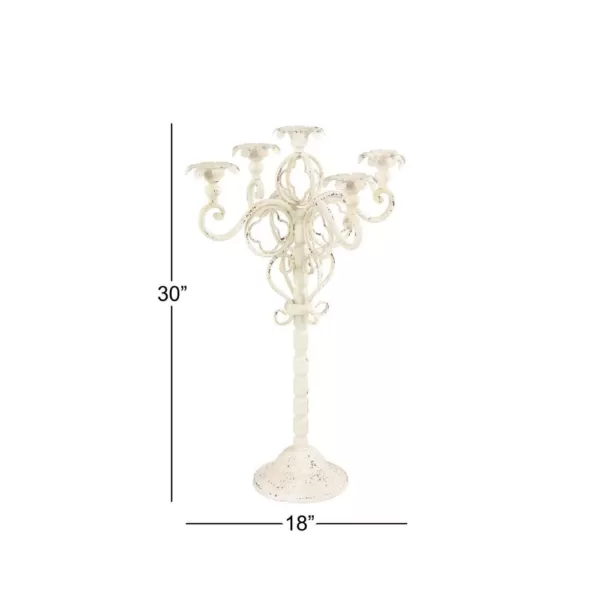 LITTON LANE Tall Vintage White Metal Candelabra with Scrolled Arms