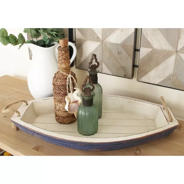 LITTON LANE Distressed White Wooden Boat-Shaped Decorative Trays (Set of 2)