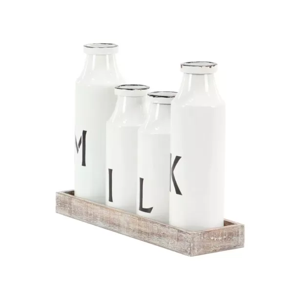 LITTON LANE Brown Decorative Tray with 4-Distressed White Milk Bottles