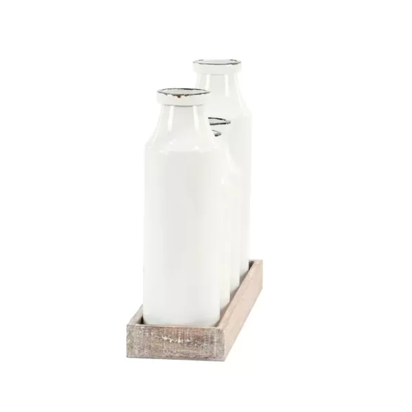 LITTON LANE Brown Decorative Tray with 4-Distressed White Milk Bottles